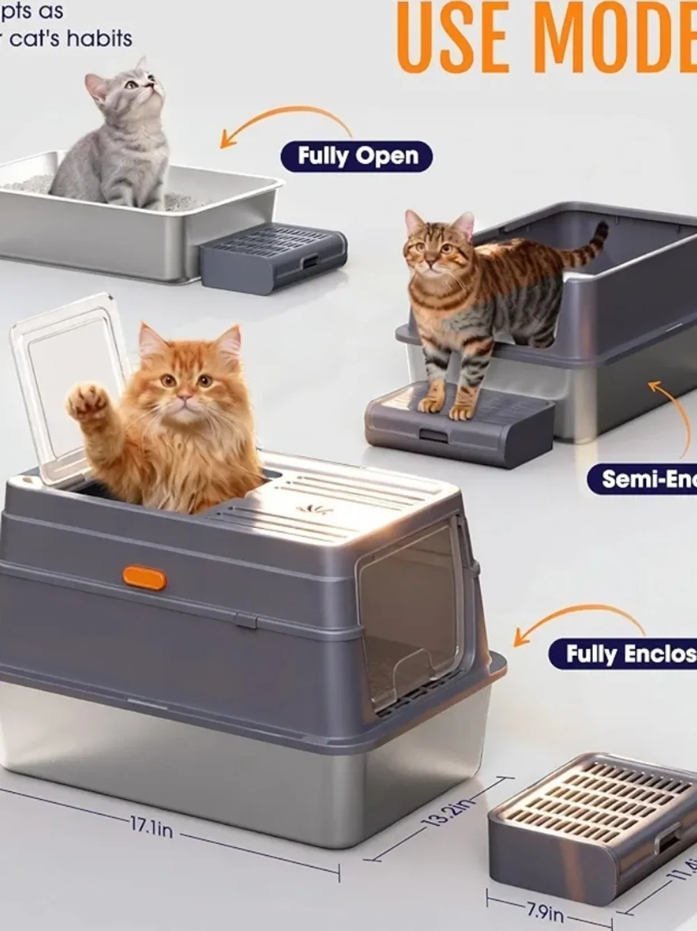 Powools Stainless Steel Enclosed Cat Litter Box With Lid Scoop Grey